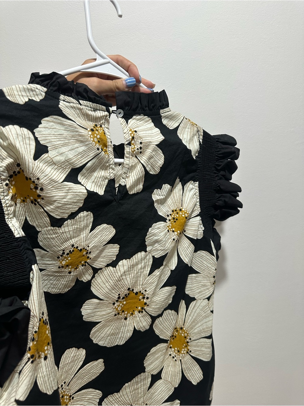 JODIFL Black Floral Ruffle Neck Blouse with Cream & Mustard Accents - Picture 2 of 4